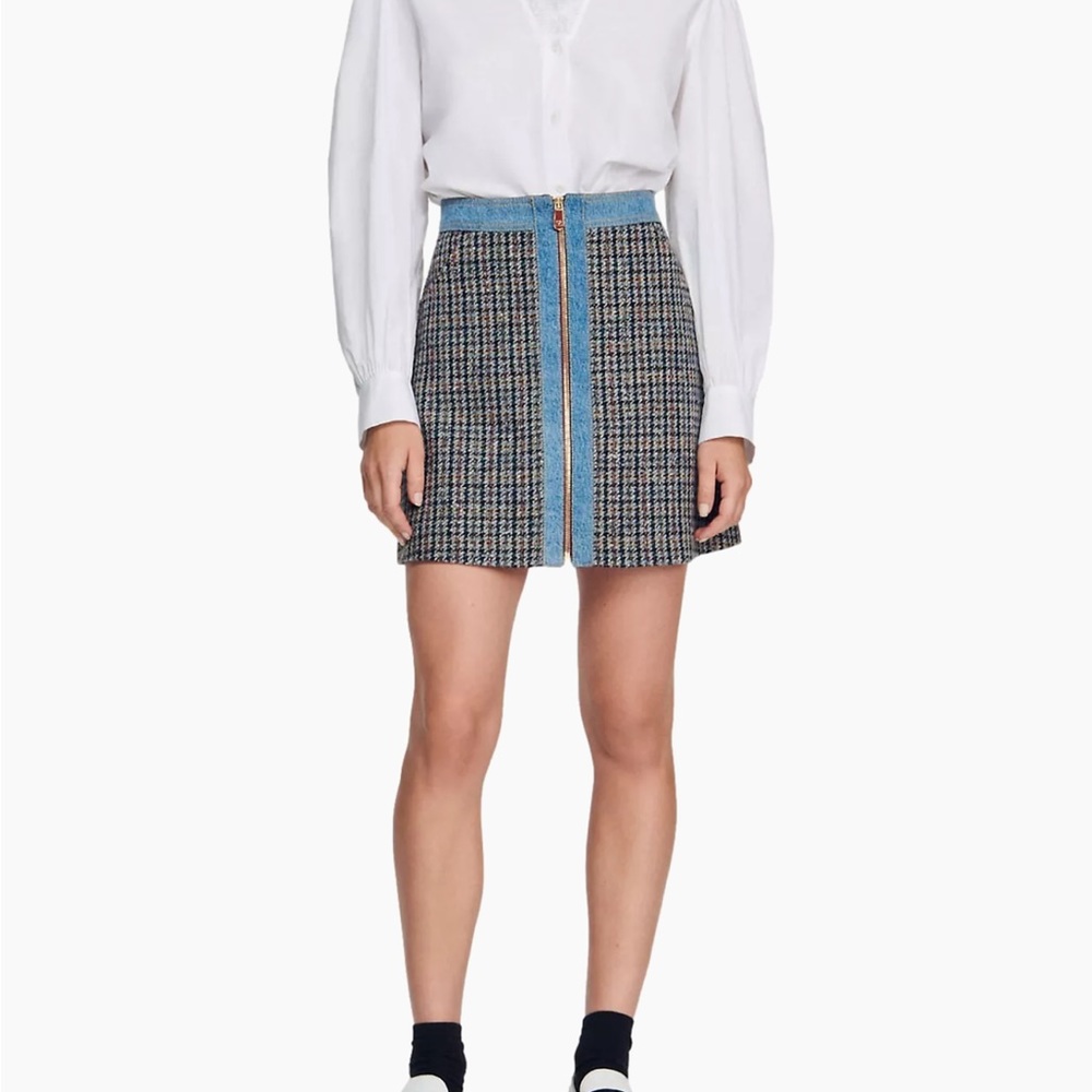 Sandro Mary Jane Tweed & Denim Miniskirt